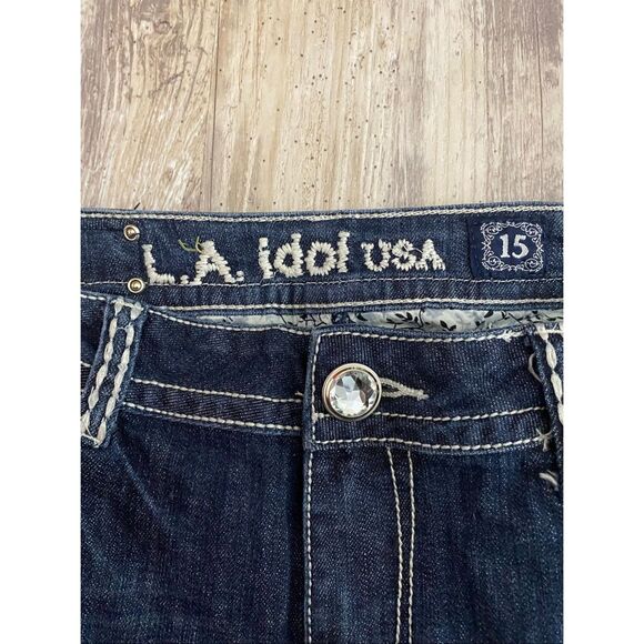 LA Idol Mid Rise Capri Jeans Rhinestone Embroidered Women’s Junior’s Sz 15 - Picture 3 of 7
